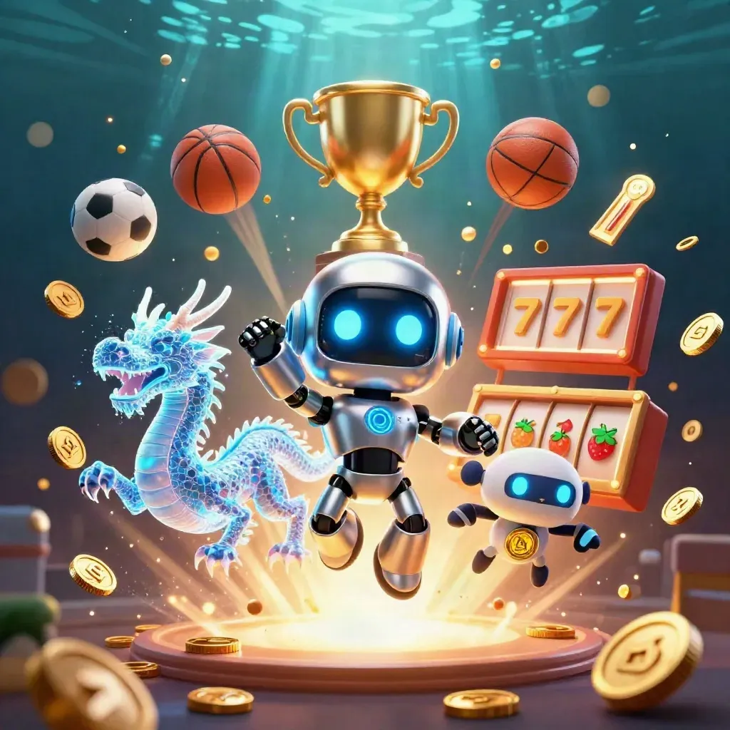 Cyberpunk robot, holographic dragon and coin drone amid casino neon, coins, balls and treasure.