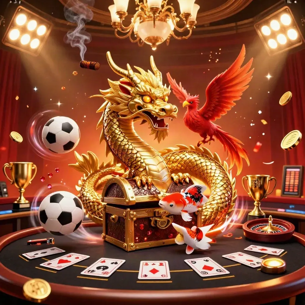 Golden dragon, phoenix, koi and casino glamour in a crimson luxe lounge.