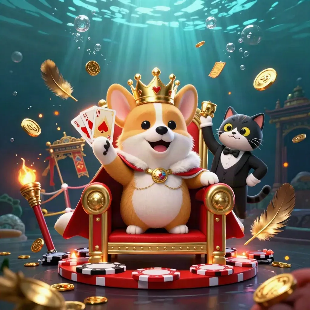 Royal corgi king and cat butler amid gold bursts in an underwater casino fantasy.
