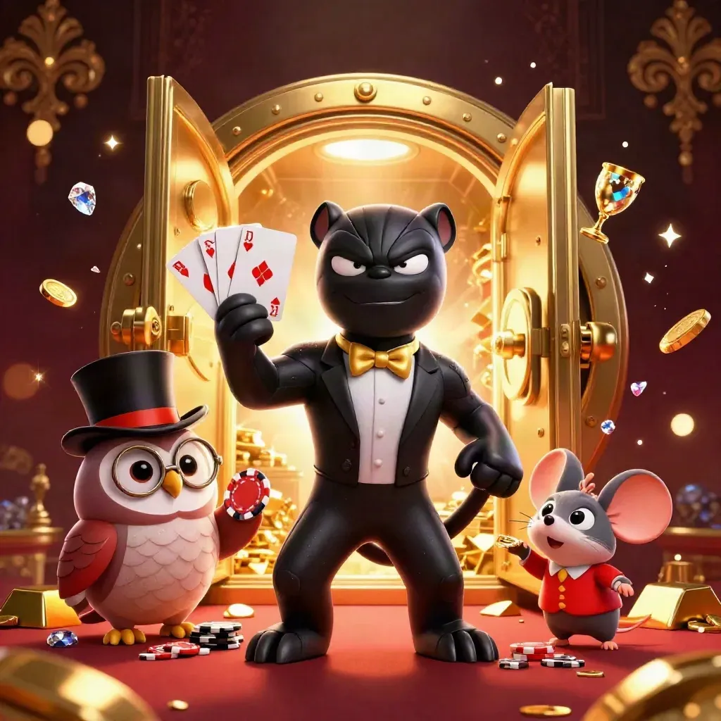 Panther, owl, and mouse burst from a gold vault with treasure, gems, and glowing light.