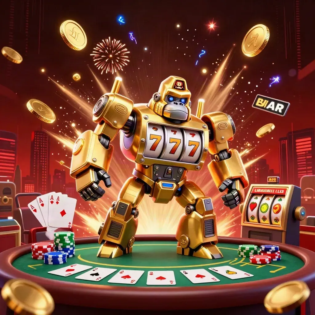 Golden gorilla mech, monkey pilot, coins, chips, poker cards, neon casino burst