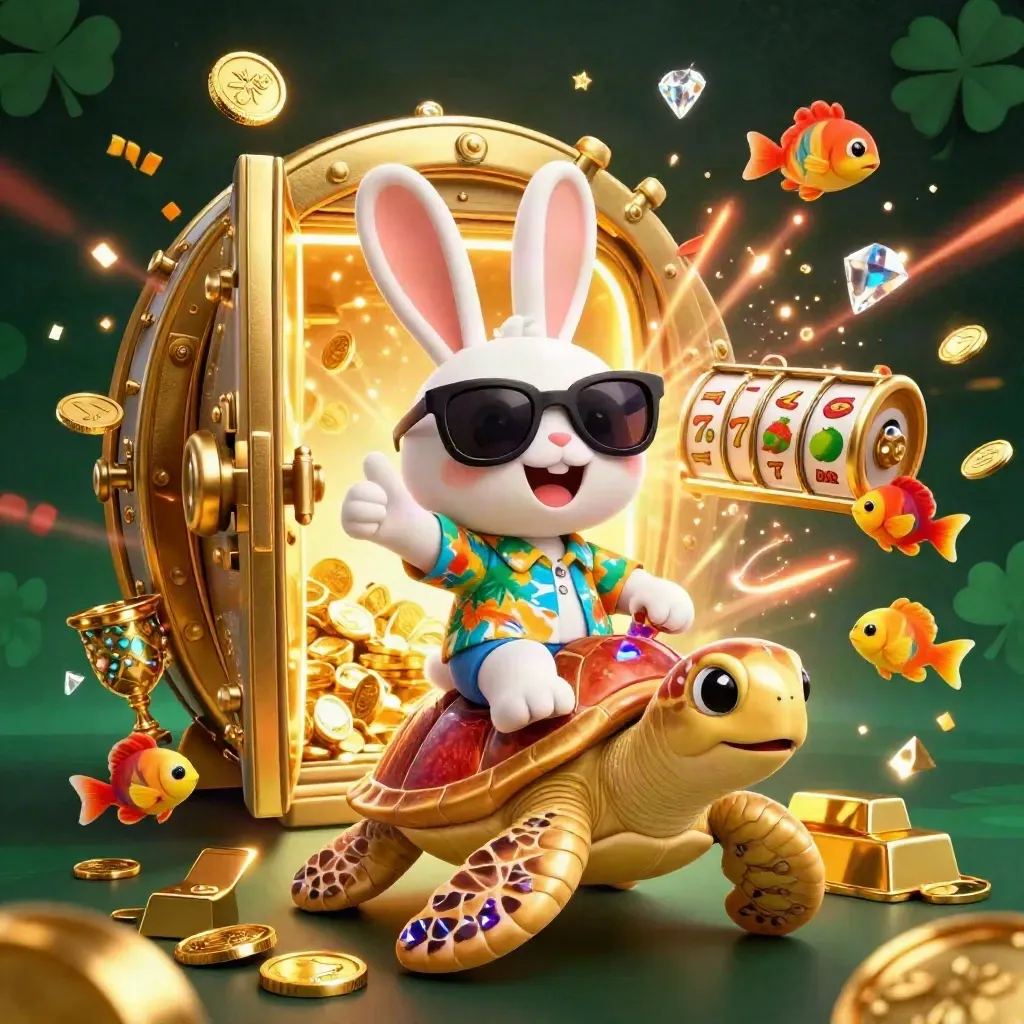 Lucky rabbit rides a golden sea turtle as a vault explodes with coins, gems, and fireworks.