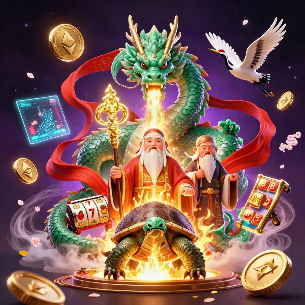 Jade dragon, turtle sage, and cranes amid casino magic, coins, reels, and neon effects.
