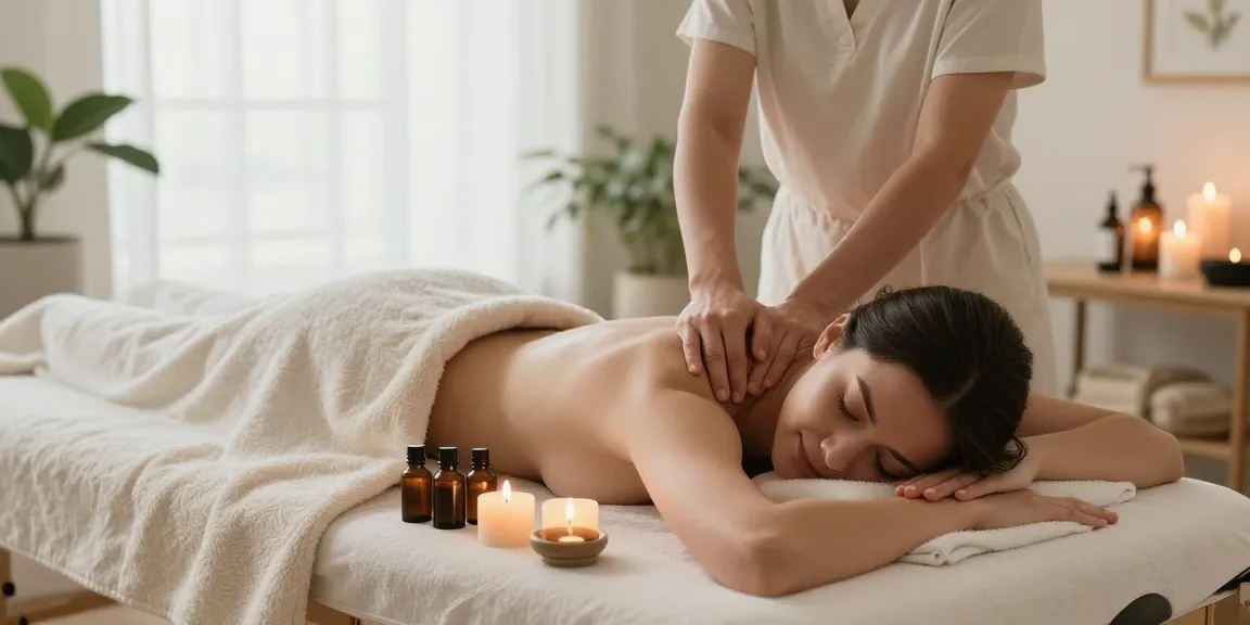 수원출장안마 woman enjoying a calming Swedish massage at home with essential oils and natural light.